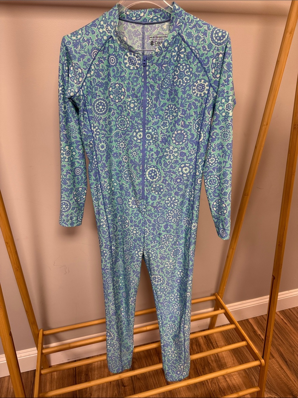 Coolibar Kids Long-Sleeve Swim Footie in Blue and Green Floral
